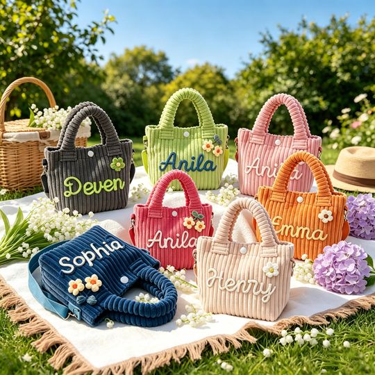 Hand Embroidered Corduroy Personalized Kids Crossbody Bag, Toddler Purse, Birthday Gift for Girl Boy, Back to School Mini Tote