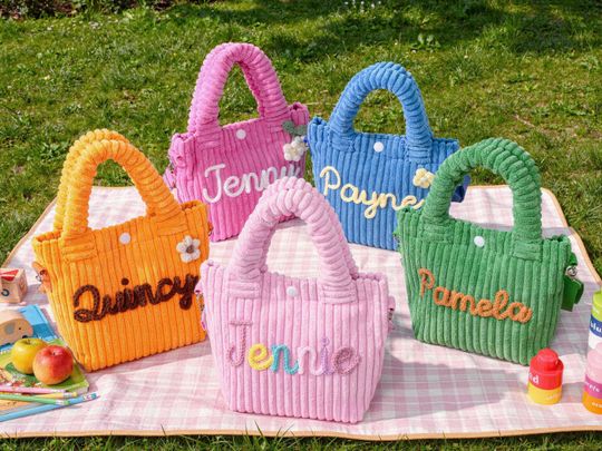 Custom Name Tote Handbag, Personalized Corduroy Kids Bag, Custom Children's Gift, Removable Satin Strap, Name Crossbody Bag,Baby Shower Gift