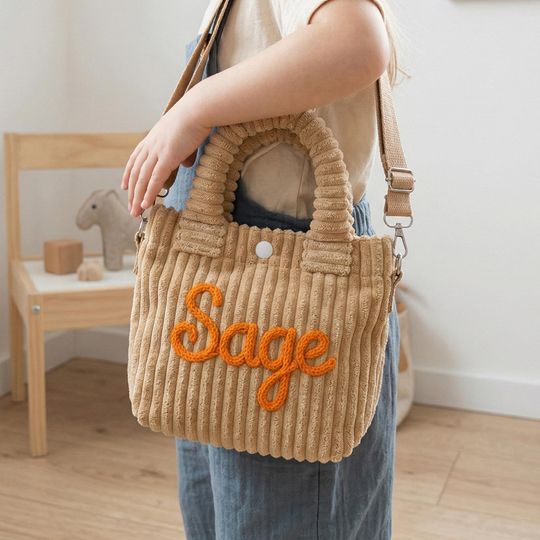 Custom Yarn Name Corduroy Handbag, Toddler Crossbody Purse with Icon, Kids Spring Travel Tote Bag, Preschool Daycare Gift,kid Gift