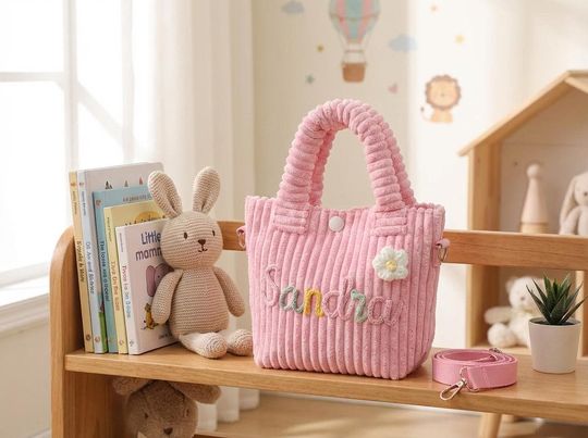 Personalized Kids Corduroy Tote Bag - Custom Name Mini Handbag for Girls - Cute Toddler Crossbody Bag - Baby Shower or Easter Gift for Kids