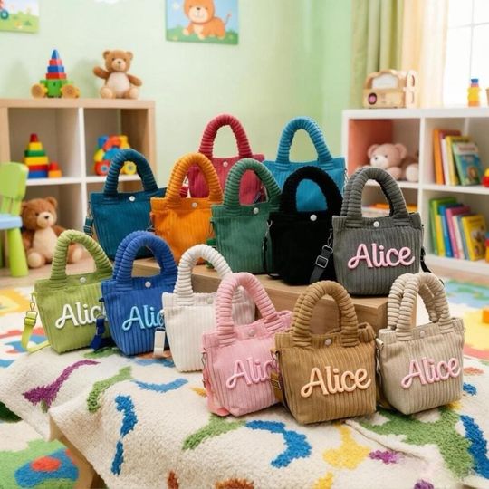 Personalized toddler crossbody bag, small corduroy purse for daycare, baby travel bag, flower girl gifts, preschool, Custom crossbody bag