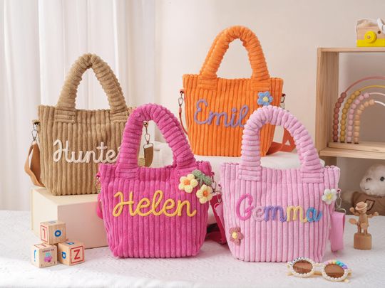 Personalized Name Tote Handbag,Custom Name Corduroy Kid Crossbody Bag,Flower Girl Gift,Baby Travel Bag,Children's Gift,Preschool Daycare Bag