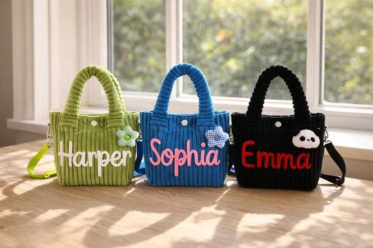 Custom Name Corduroy Crossbody, Embroidered Kids Shoulder Bag