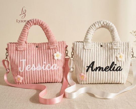 Custom Embroidered Corduroy Mini Bag, Retro Shoulder Purse, Personalized Gift