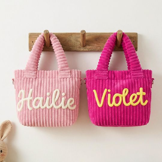 Kids Custom Name HandBag, Personalized Corduroy Tote with Icon, Childrens Spring Outdoor Purse, Baby Shower Birthday Gift