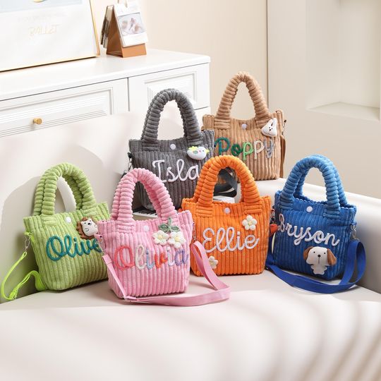 Personalized Toddler First Purse, Custom Name Corduroy Handbag with Flower, Small Kids Tote for Preschool,