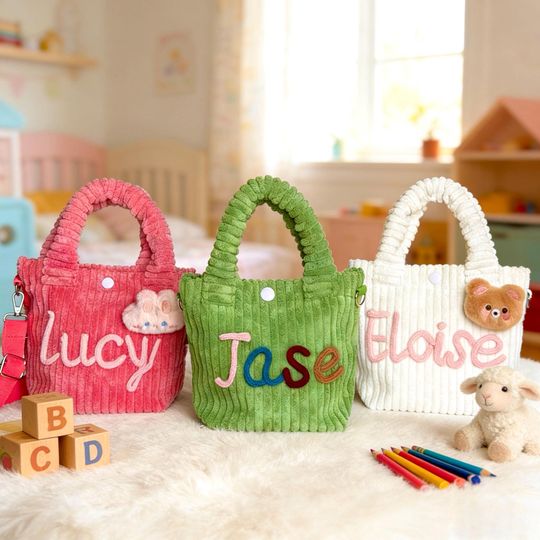 Personalized toddler crossbody bag, small corduroy purse for daycare, baby travel bag, flower girl gift, preschool, Custom crossbody bag
