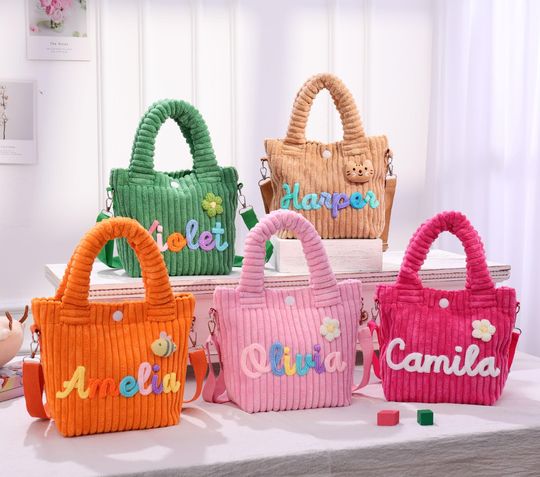 Personalized Crossbody Bag, Name Handbag, Custom Corduroy Kids Name Bag,Baby Shower Gifts, Traveling Toddler Tote Girl Removable Satin Strap