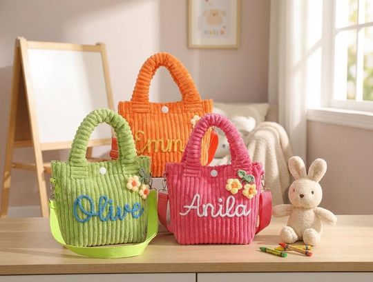 Discover Personalized Corduroy Kids Tote Bag, Yarn Name Flower Charms Mini Purse