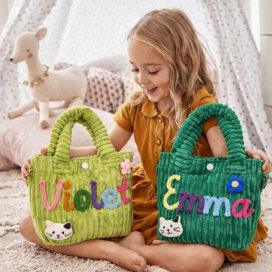 Personalized Kids Bag, Toddler Crossbody Tote, Custom Name Corduroy Bag, Preschool School Bag, Daycare Gift
