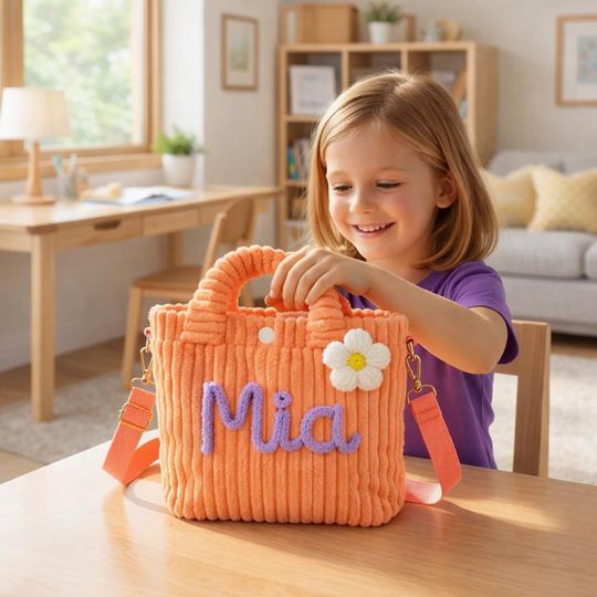 Personalized Toddler Crossbody Bag, Custom Name Corduroy Bucket Bag, Kids Purse, Preschool Bag, Birthday Gift, Flower Girl Bag