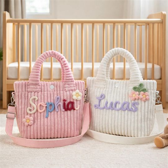 Personalized Corduroy Kids Bag, Custom Name Toddler Crossbody Purse, Mini Girl Handbag