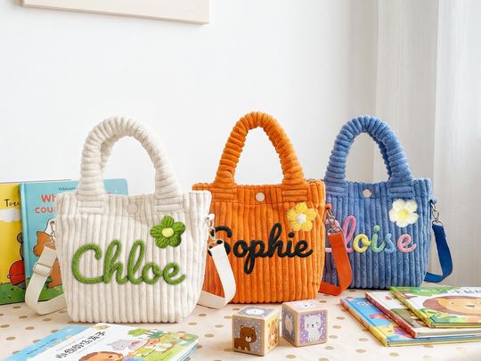 Discover Custom Crossbody bag,Soft Corduroy Kids Bag,Personalization Name Tote Handbag,flower girl gift