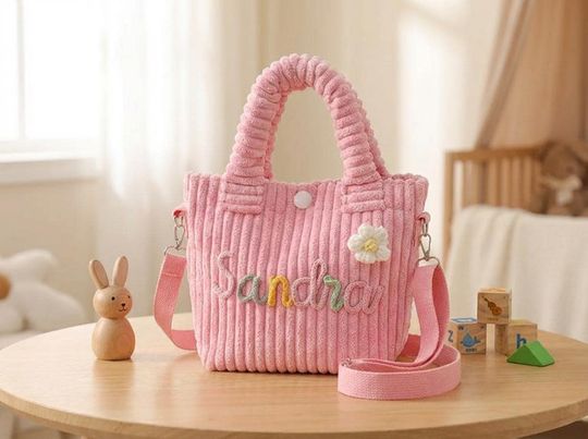 Personalized Corduroy Tote Bag  Kids Name Handbag, Toddler Crossbody Purse