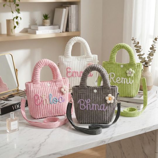 Personalized Corduroy Mini Tote Bag, Embroidered Name Crossbody Purse, Handmade Flower Accessory
