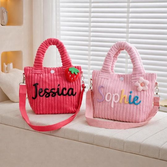Personalized Kids Corduroy Bag, Custom Name Toddler Crossbody Bag, Cute Bucket Bag for Girls, Preschool Bag, Birthday Gift for Kids