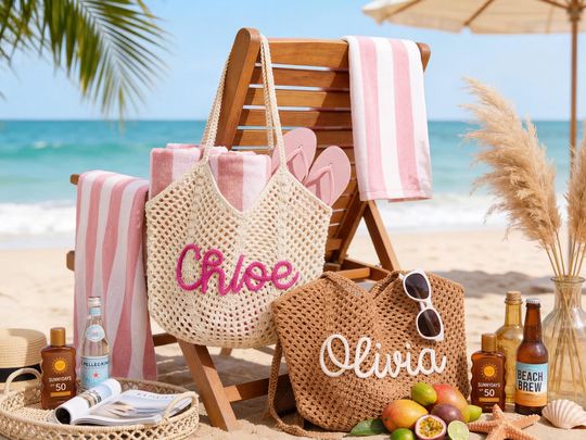 Discover Personalized Crochet Beach Tote Bag, Custom Name Cotton Yarn Handmade Beach Bag, Lightweight Breathable Travel Tote