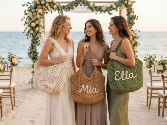 Personalized beach tote bags, Crochet beach bags, Bridesmaid gift bags, Travel Beach Bag, Wedding favor gift, Bachelorette Trip Gift for Her