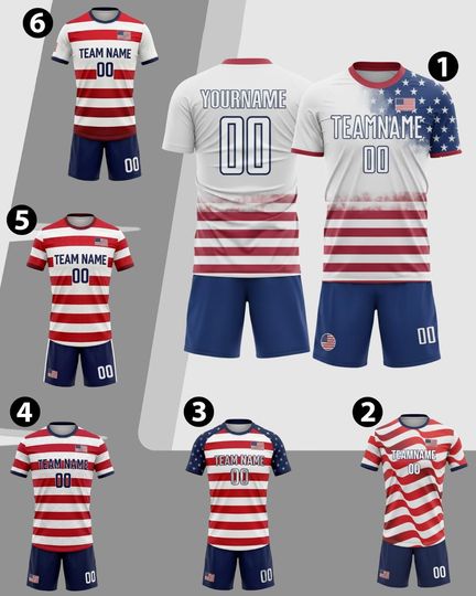 Personalized USA Soccer Jersey Set Red White Blue, Custom Name Number America Flag Uniform Shirt, Patriotic Soccer Kit Men Women Youth Kids