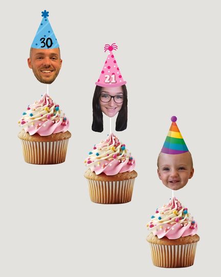 Discover Personalised Birthday Cake Topper | Custom Face with Party Hat | Blue, Pink or Rainbow