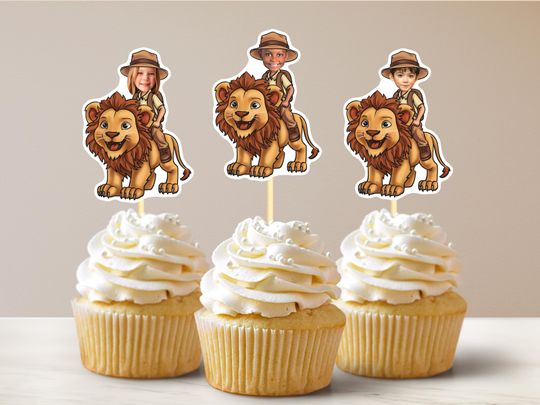 Discover Lion Cupcake Toppers: Personalized Safari Jungle Animal Birthday Party Decor