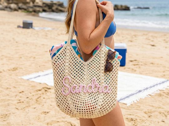 Discover Personalized Crochet Beach Tote Bag, Custom Name Vacation Bag, Bridesmaid Gift Tote, Wedding Favor Bag, Bachelorette Trip Gift, Summer Tote