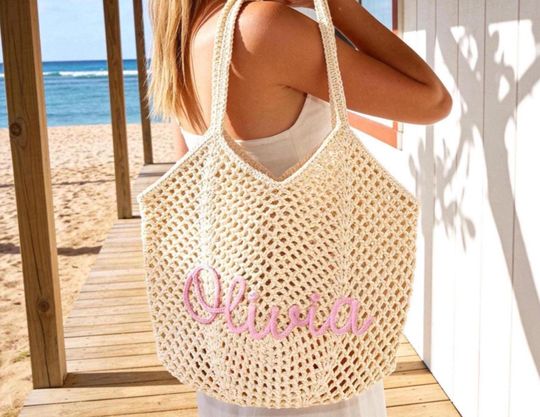 Personalized beach tote bag,Crochet Name Beach Bag,Bridesmaid gift bags,Travel Beach Bag,Wedding favor gift,Bridal Shower Bag,Gift for Her