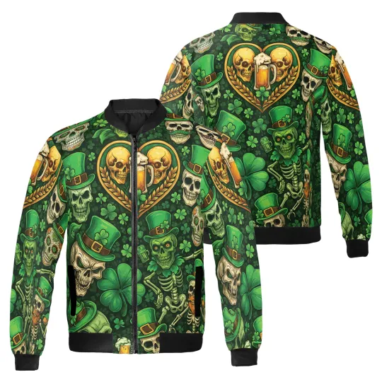Discover Skull Green Leprechaun Lucky Shamrock Happy St. Patrick's Day Bomber Jacket