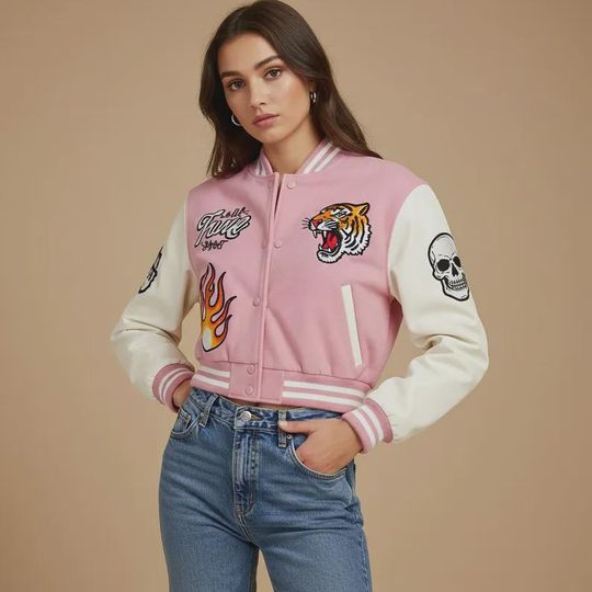 Custom Womens Cropped Varsity Jacket  Personalized Letterman Crop Top with Printed