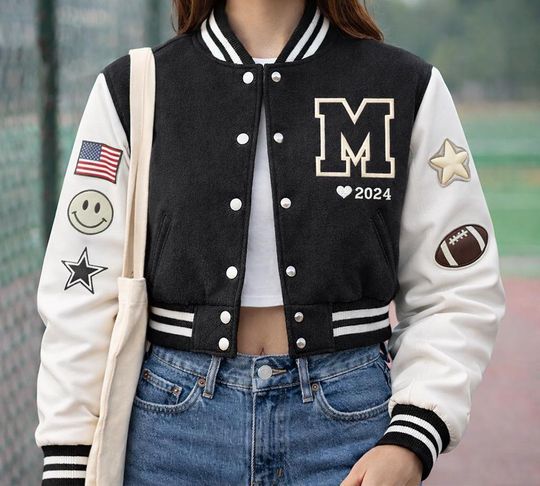 Womens Custom Varsity Jacket Cropped Fit  Personalized Letterman Jacket with Name Gift for Her