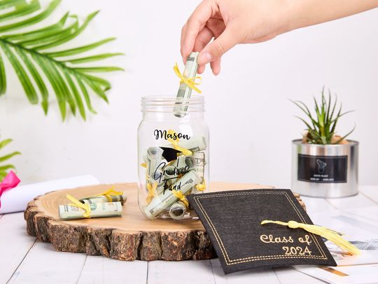 Discover Personalized Graduation Cap Mason Jar Lid,Graduation Money Holder,Custom Graduation Jar Gift,Free Tassel Graduation Money Jar,Class 2024