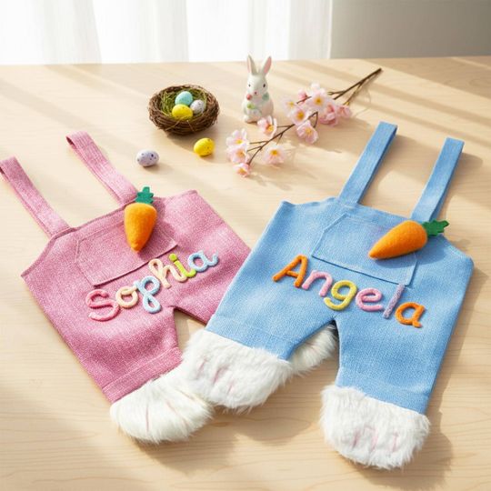 Personalized Easter Egg Hunt Bag, Custom Yarn Name Bunny Overalls Tote