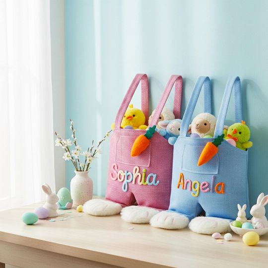 Personalized Yarn Name Easter Tote Bag, Bunny Overalls Design