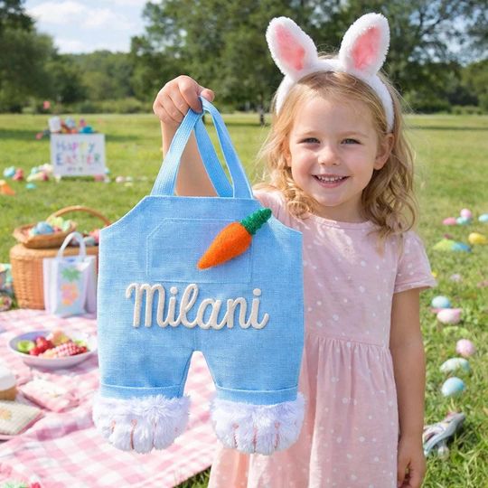 Discover Personalized Easter Bunny Tote Bag, Custom Name Bunny Gift for Kids, Cute Easter Egg Hunt Bag, Handmade Bunny Bag