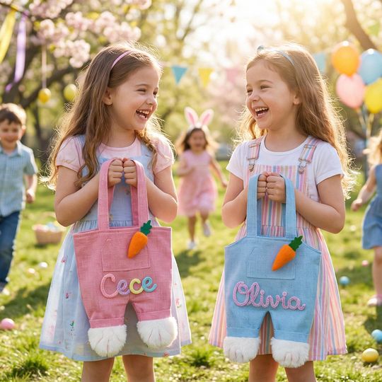 Personalized Easter Bunny Overalls Bag, Custom Name Easter Egg Hunt Bag for Kids, Easter Gift for Children