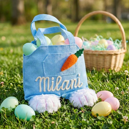 Personalized Blue Easter Bag for Kids,Custom Bunny Basket with Name,Embroidered Toddler Easter Gift, Kids Egg Hunt Bags,Plush Rabbit Pail