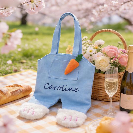 Personalized Easter Bunny Overalls Bag | Custom Name Easter Egg Hunt Bag | Blue Pink Bunny Feet Easter Basket | Kids Easter Gift