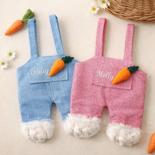 Personalized Bunny Overalls Tote Bag, Carrot Pocket, Embroidered Name Easter Gift
