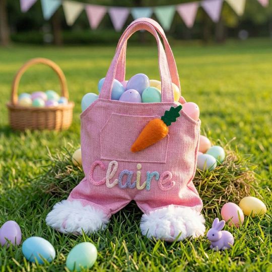 Personalized Pink Easter Bag for Kids, Custom Bunny Basket with Name,Embroidered Toddler Easter Gift, Kids Egg Hunt Bags,Plush Rabbit Pail