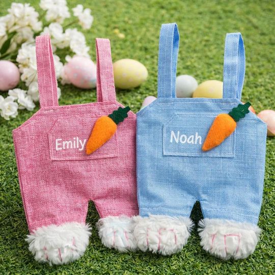 Personalized Easter Bunny Treat Bag, Custom Name Easter Basket Alternative, Bunny Overalls Candy Bag, Easter Gift for Kids