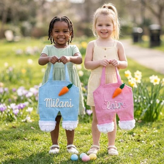 Personalized Easter Basket for Kids, Custom Bunny Overall Bag with Name, Embroidered Toddler Easter Gift, Plush Rabbit Pail, Boho Treat Tote
