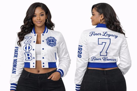White Zeta Phi Beta Cropped Jacket Crop Bomber Jacket Personalized with Line Name Number & Year, Finer Woman Discount for Chapter