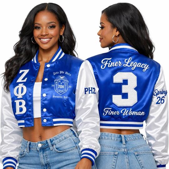 Customized Zeta Phi Beta Cropped Jacket Crop Bomber Jacket Personalized with Line Name Number & Year, Finer Woman Discount for Chapter