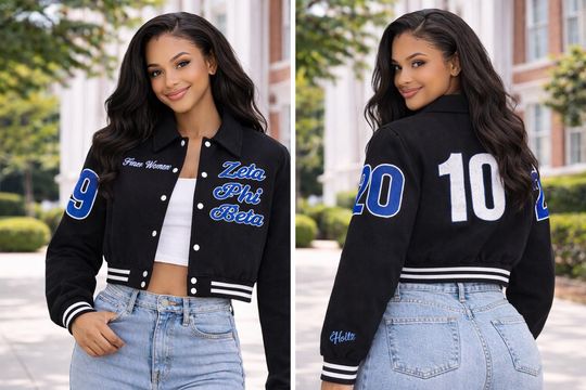 Custom Zeta Phi Beta Crop Jacket Varsity Jacket Personalized with Line Name Number & Year, Finer Woman Discount for Chapters 1920 Black