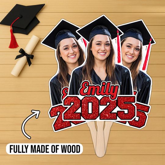 Discover Custom Graduation Face Fan: Wooden Handle, Personalized Keepsake