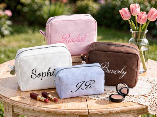 Custom Embroidered waffle cosmetic bag,Bridesmaid Gift Bag,Monogrammed Makeup Bag,Waffle  Makeup Bag,Gift for Her,Bridal Party Gift Bag