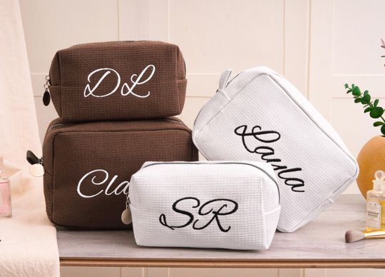 Personalized Waffle Cosmetic Bag,Bridesmaid Makeup Bag,Embroidered Monogram Toiletry Bag,Bridesmaid Gifts,Bridal Shower Gift,Gift for Her