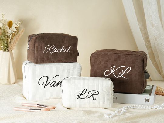 Embroidered Waffle Cosmetic Bag: Personalized Monogram Toiletry Bag, Bridesmaid Makeup Bag, Bridal Shower Gift, Gift for Her, Gift for Women