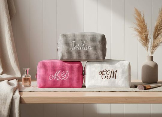 Personalized Waffle Cosmetic Bag, Embroidered Monogram, Bridesmaid Gift