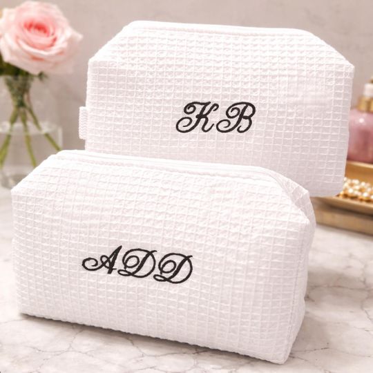 Discover Personalized Waffle Makeup Bag | Custom Embroidered Initials | Bridesmaid Gift
